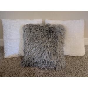 Set Of 3 Slate Faux Fur Throw Pillows, 1 Gray And 2 White 19"x19"